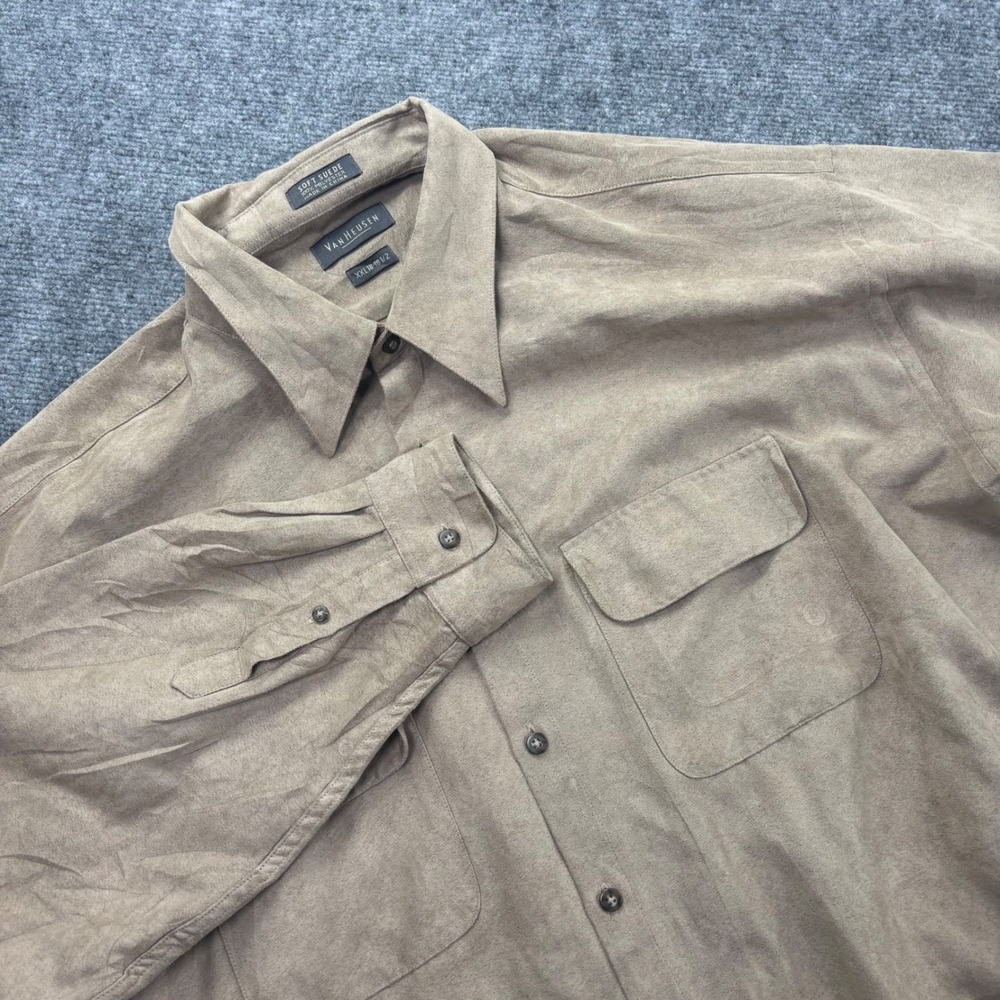 Van Heusen Button Down Shirt Size XXL Brown Soft‎ Suede Long Sleeve Men's